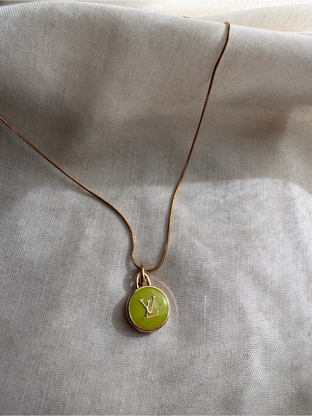 LV Louis Vuitton Upcycled Floral Motif Pendant Necklace - lime green and gold